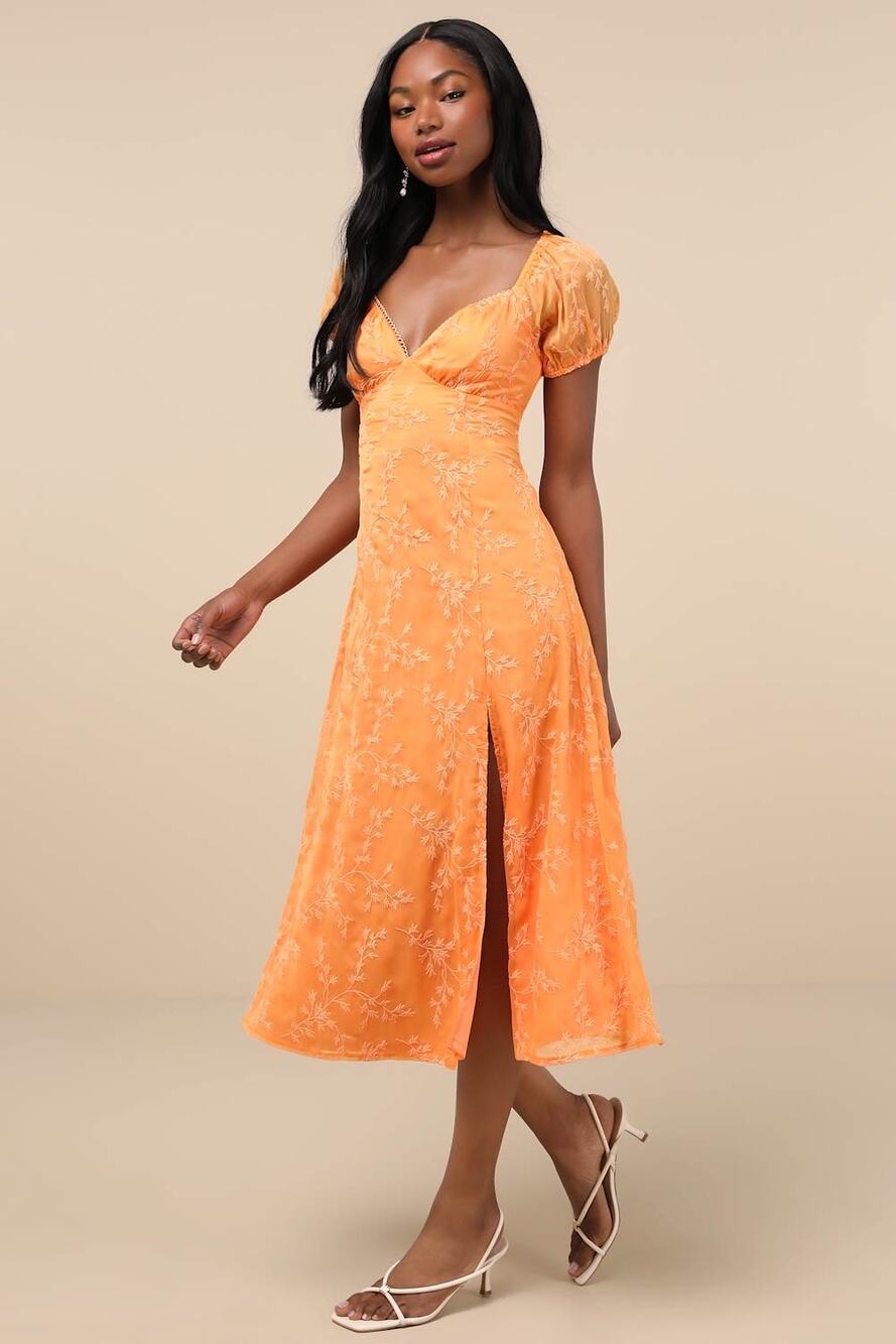 NWT Lulus Blossoming with Charm Orange Embroidered Tie-Back Midi Dress Casual M